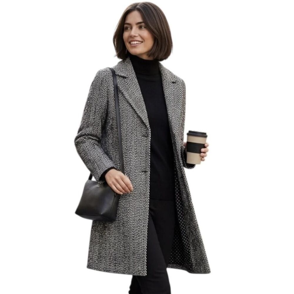 Liz Claiborne Coat Womens Large Gray Herringbone Tweed Mid Length Wool Blend